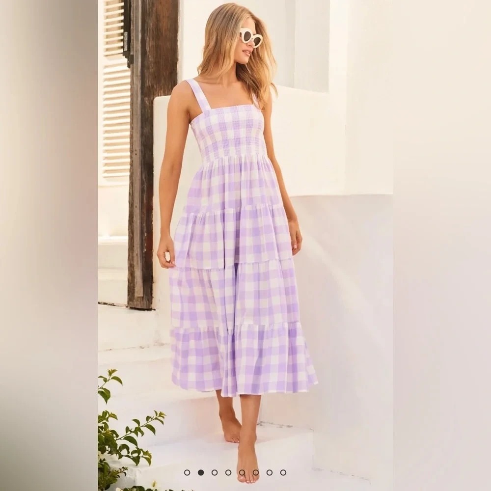 Mister Zimi Savannah Dress Smocked Tiered Sleeveless Lavender Gingham Size 6